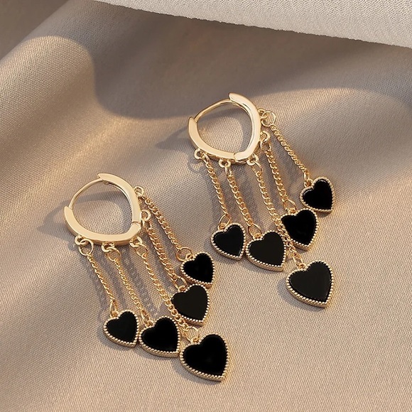 “Cross My Heart” Hoop Gold Black Heart Valentines Date Dangle Gift Cute Earrings - Picture 3 of 6